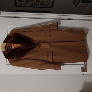 Vintage Louben camel coloured coat with faux mink fur collar, size 10